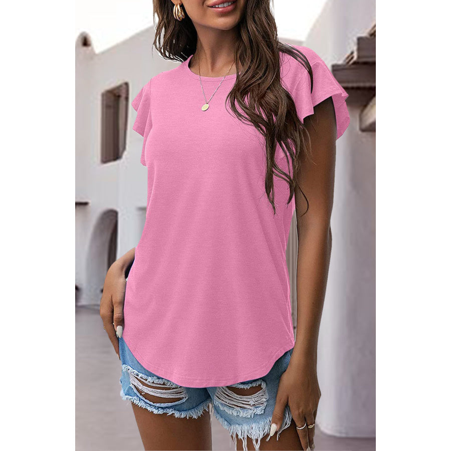 Ruffled Round Neck Cap Sleeve Blouse Pink / S Apparel and Accessories