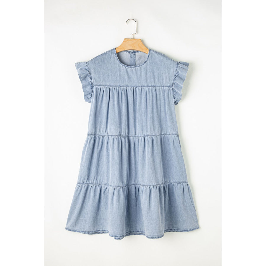 Ruffled Round Neck Cap Sleeve Denim Dress Apparel and Accessories