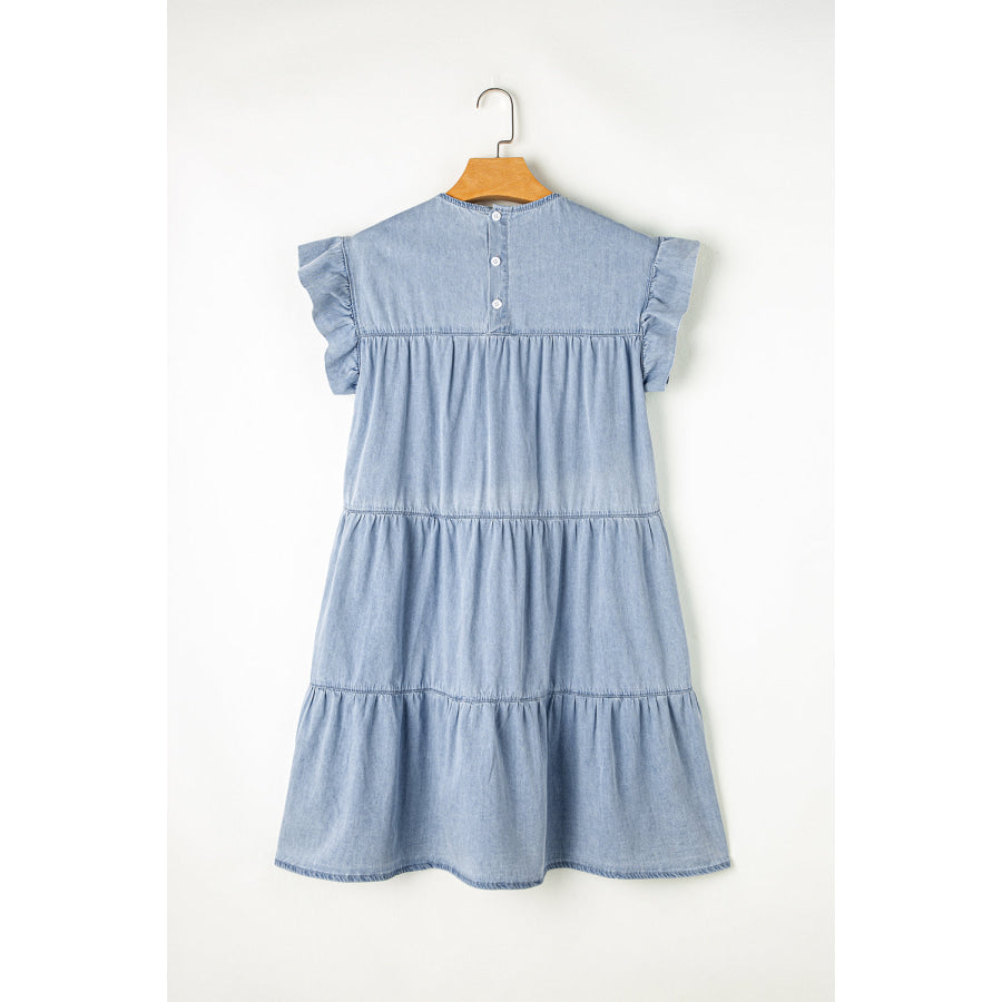 Ruffled Round Neck Cap Sleeve Denim Dress Apparel and Accessories