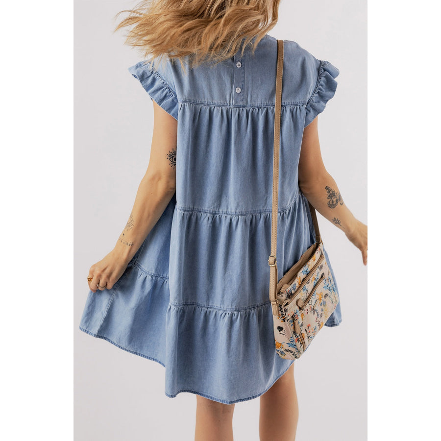 Ruffled Round Neck Cap Sleeve Denim Dress Apparel and Accessories