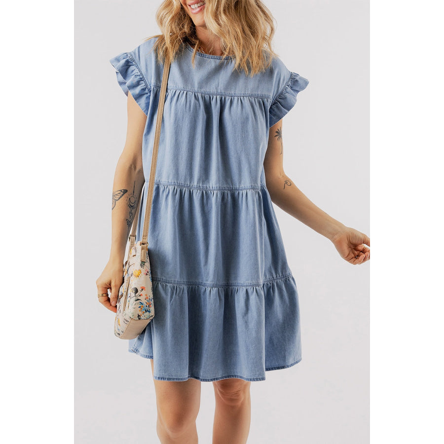 Ruffled Round Neck Cap Sleeve Denim Dress Apparel and Accessories