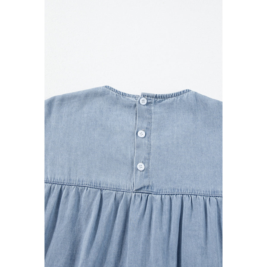 Ruffled Round Neck Cap Sleeve Denim Dress Apparel and Accessories