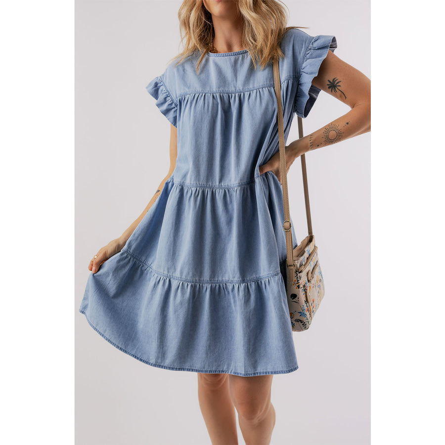 Ruffled Round Neck Cap Sleeve Denim Dress Medium / S Apparel and Accessories