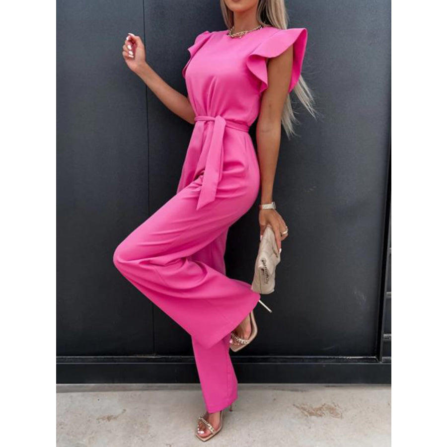 Ruffled Round Neck Cap Sleeve Jumpsuit Apparel and Accessories