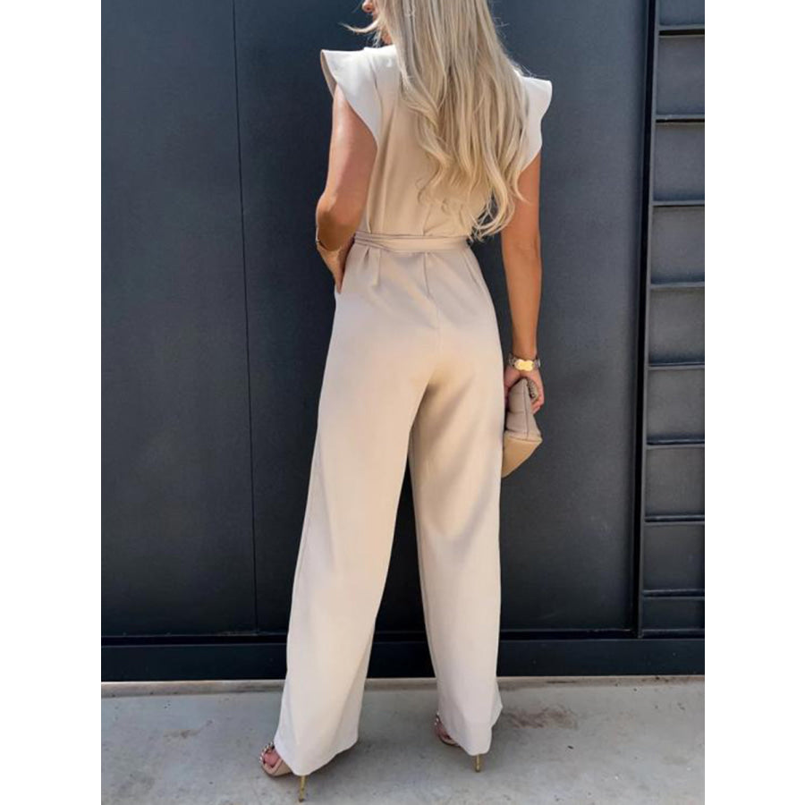 Ruffled Round Neck Cap Sleeve Jumpsuit Eggshell / S Apparel and Accessories