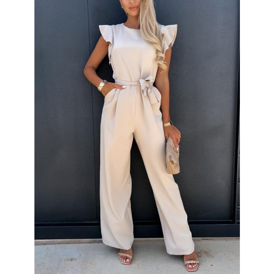 Ruffled Round Neck Cap Sleeve Jumpsuit Eggshell / S Apparel and Accessories