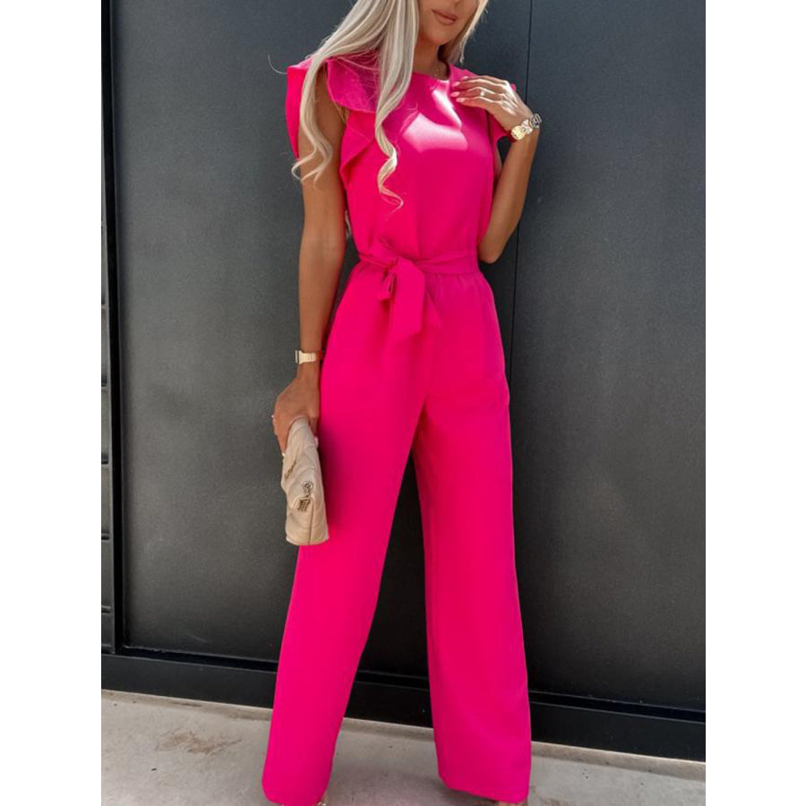 Ruffled Round Neck Cap Sleeve Jumpsuit Hot Pink / S Apparel and Accessories