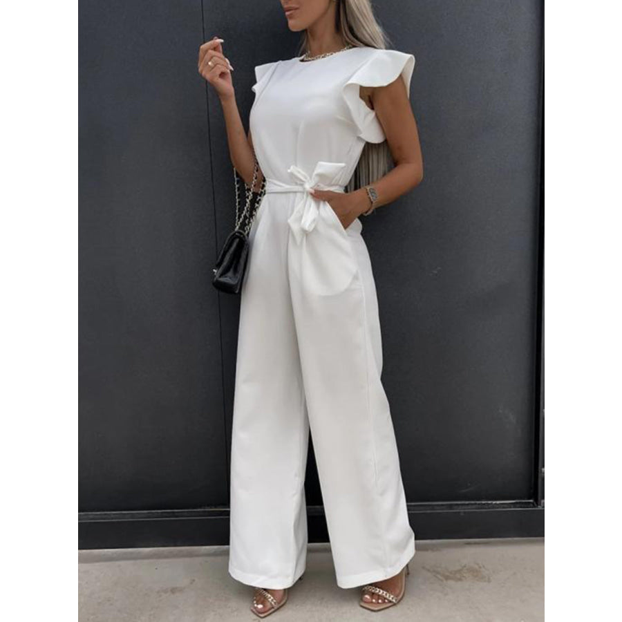 Ruffled Round Neck Cap Sleeve Jumpsuit White / S Apparel and Accessories