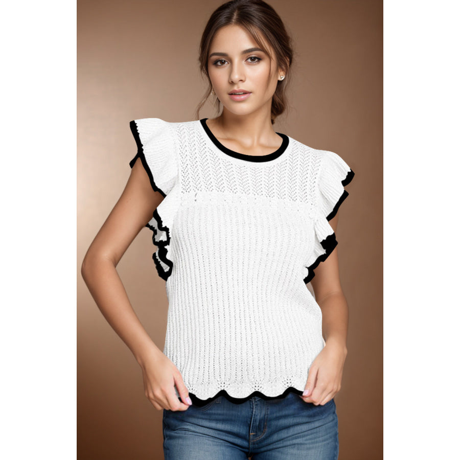 Ruffled Round Neck Cap Sleeve Knit Top White / S Apparel and Accessories