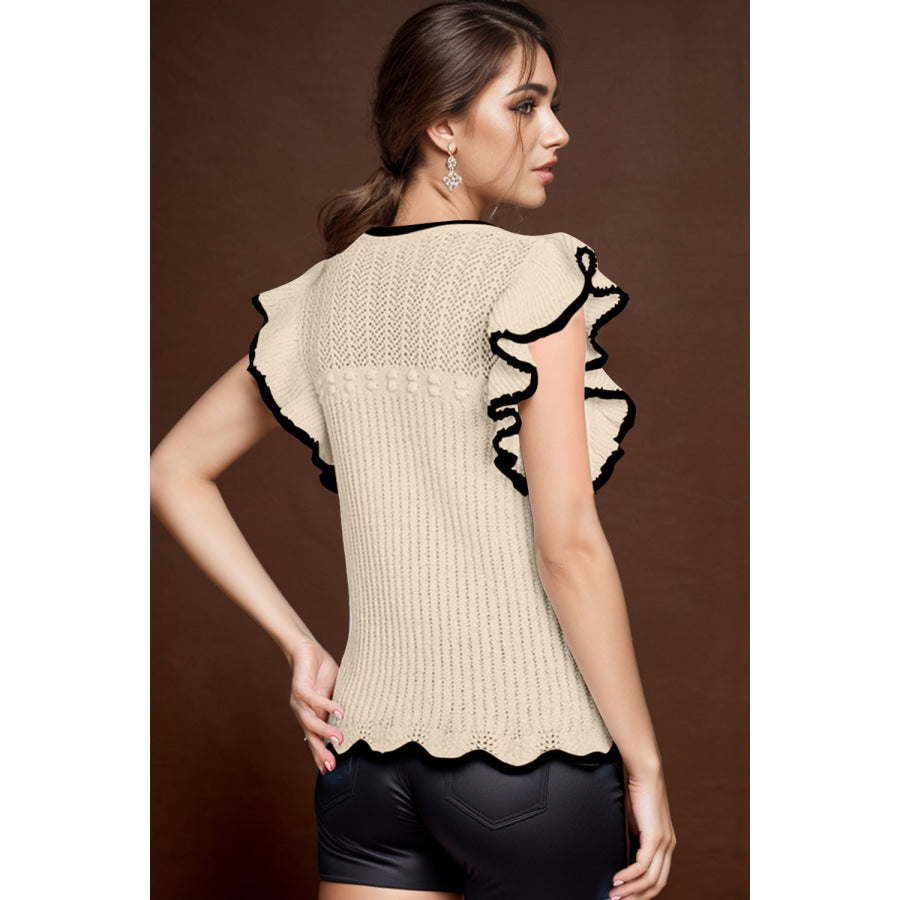 Ruffled Round Neck Cap Sleeve Knit Top Apparel and Accessories