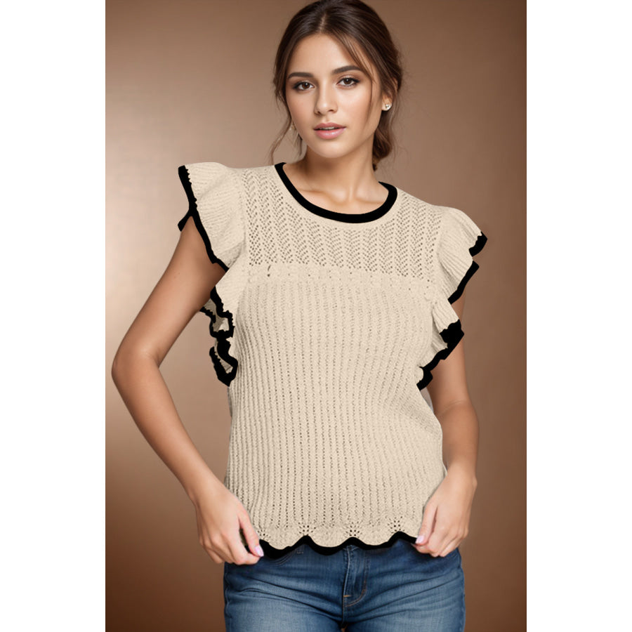 Ruffled Round Neck Cap Sleeve Knit Top Apparel and Accessories