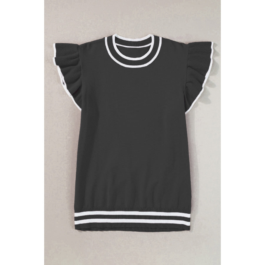 Ruffled Round Neck Cap Sleeve Knit Top Black / L Apparel and Accessories