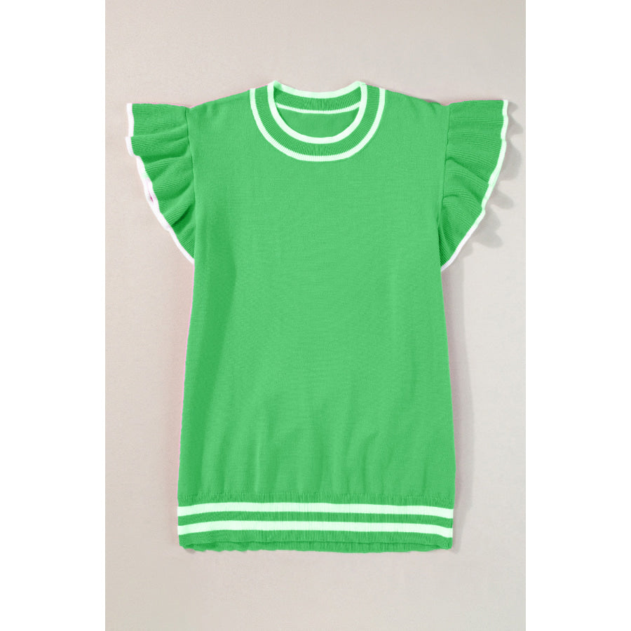 Ruffled Round Neck Cap Sleeve Knit Top Green / S Apparel and Accessories