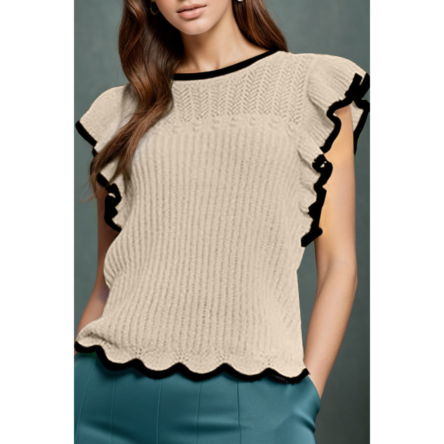 Ruffled Round Neck Cap Sleeve Knit Top Khaki / S Apparel and Accessories