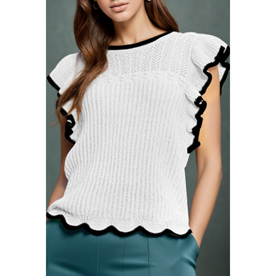 Ruffled Round Neck Cap Sleeve Knit Top White / S Apparel and Accessories