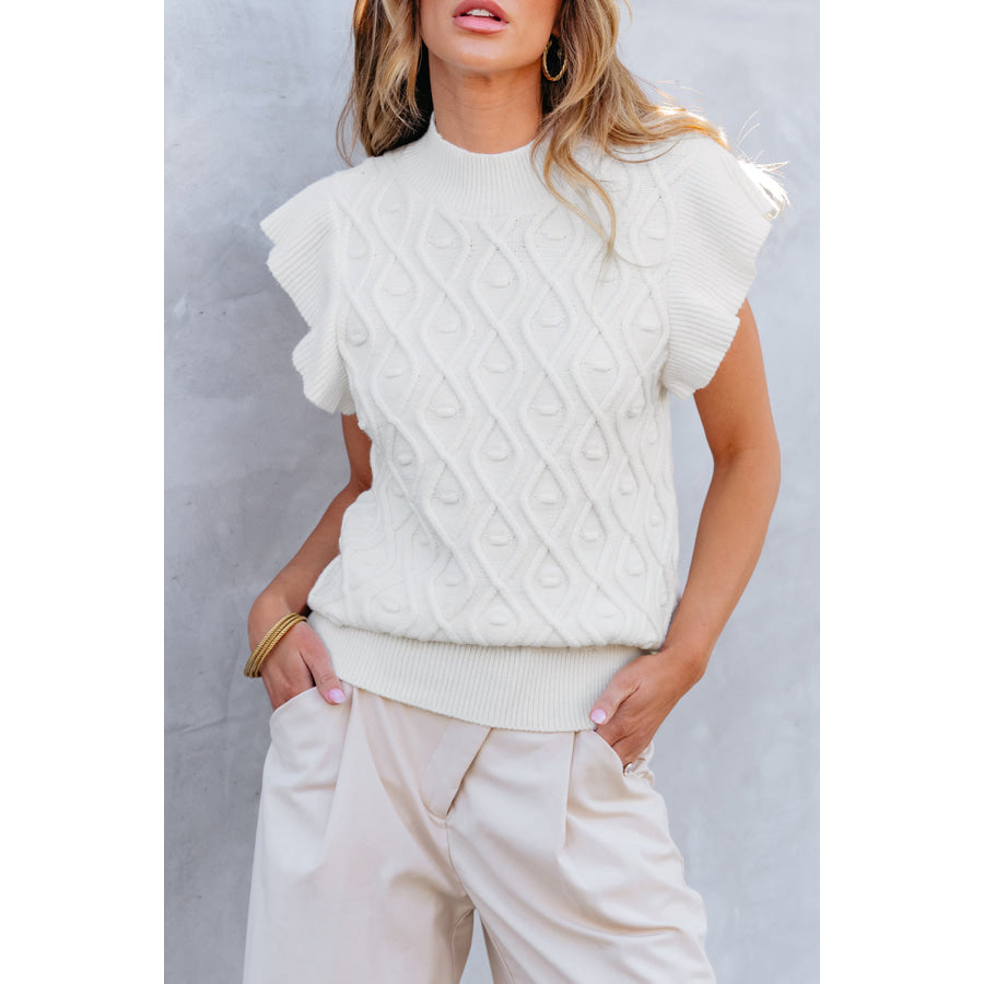 Ruffled Round Neck Cap Sleeve Knit Top White / S Apparel and Accessories
