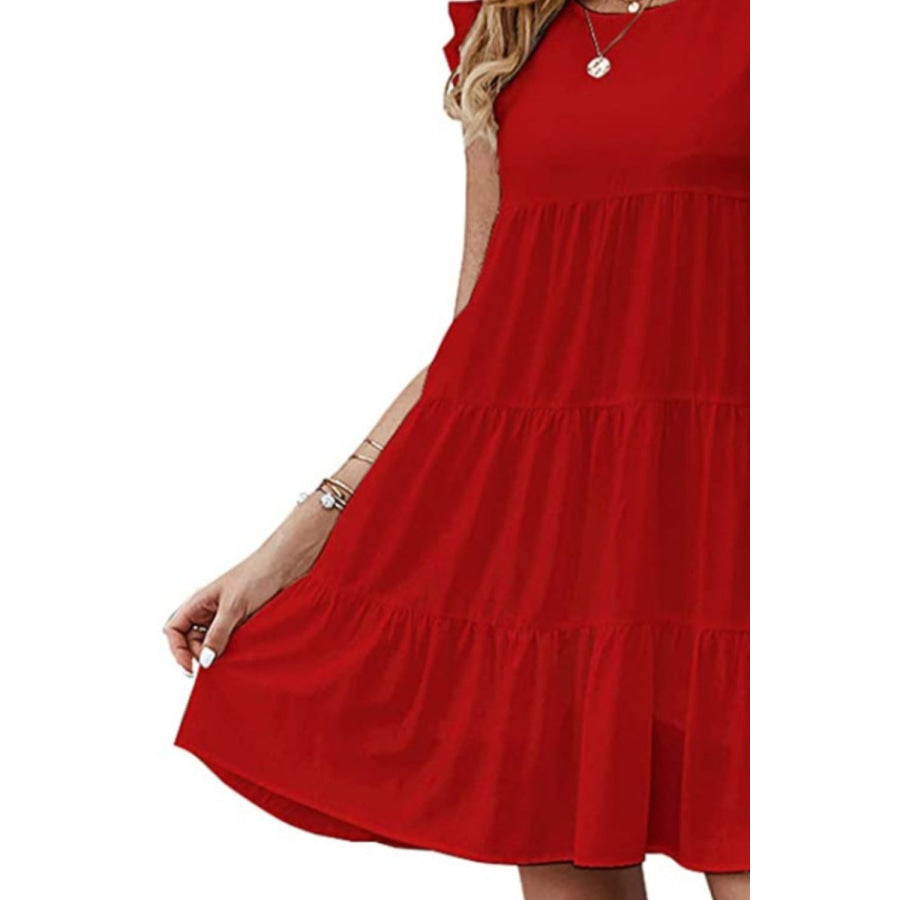 Ruffled Round Neck Cap Sleeve Mini Dress Apparel and Accessories