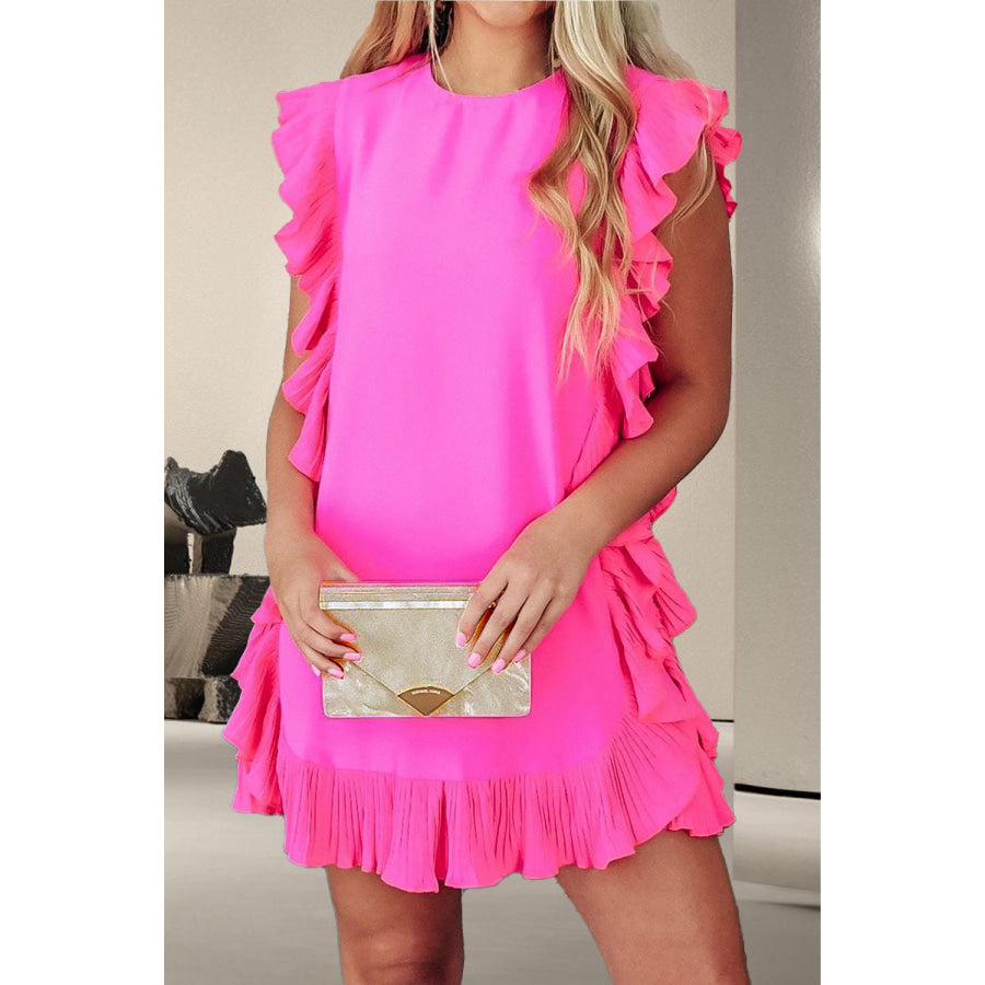 Ruffled Round Neck Cap Sleeve Mini Dress Apparel and Accessories