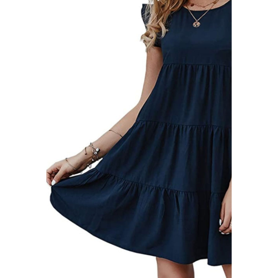 Ruffled Round Neck Cap Sleeve Mini Dress Apparel and Accessories