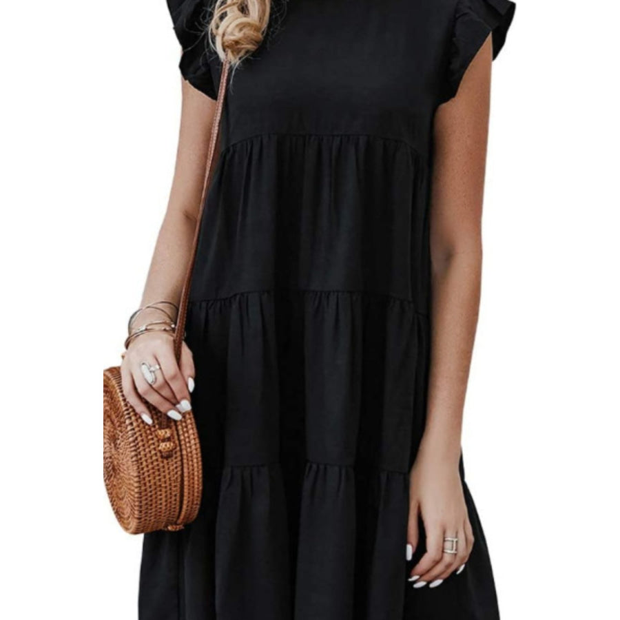 Ruffled Round Neck Cap Sleeve Mini Dress Apparel and Accessories