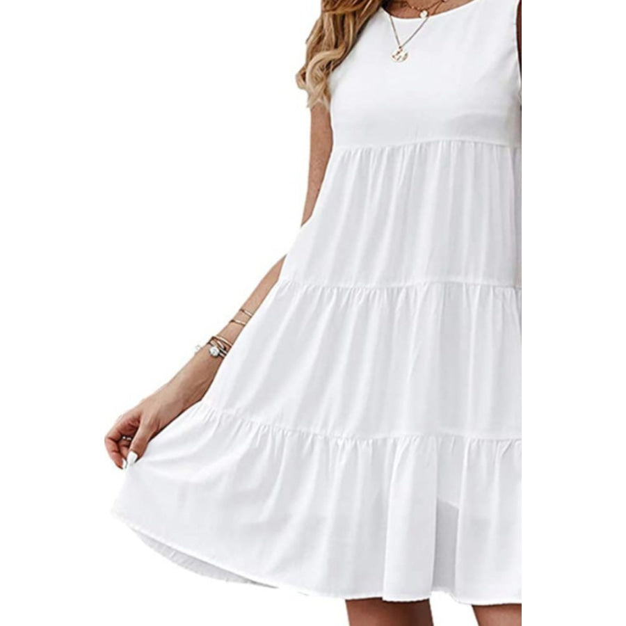 Ruffled Round Neck Cap Sleeve Mini Dress Apparel and Accessories