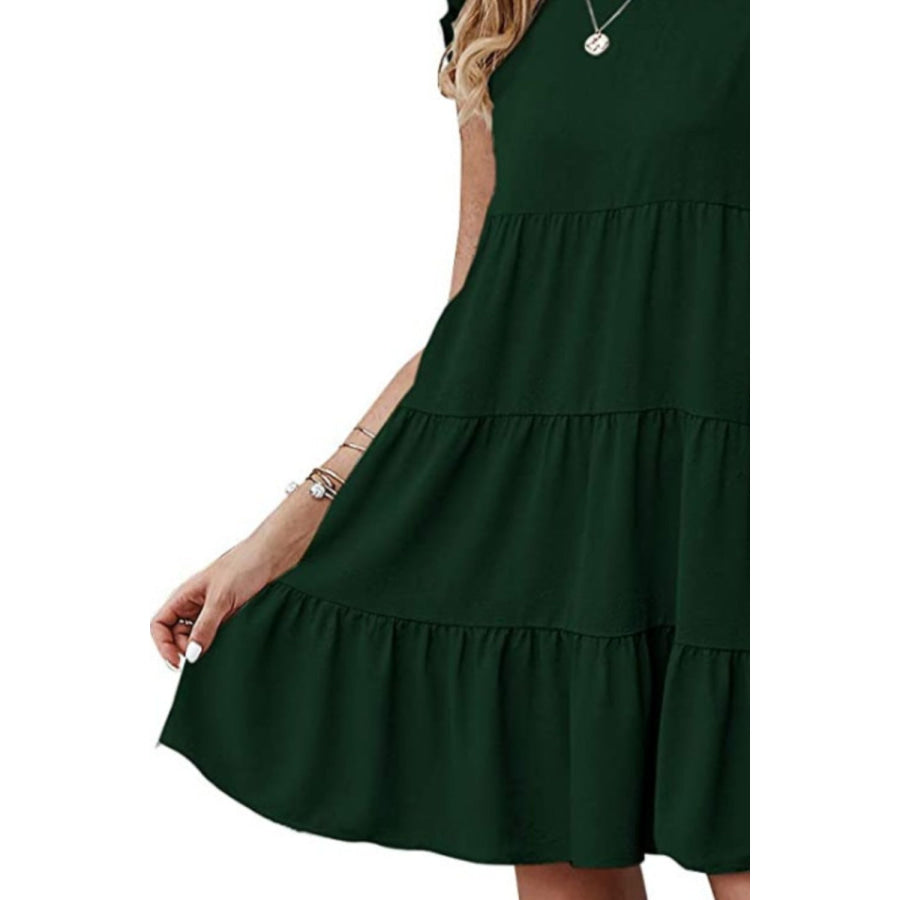 Ruffled Round Neck Cap Sleeve Mini Dress Apparel and Accessories