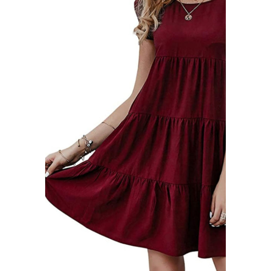 Ruffled Round Neck Cap Sleeve Mini Dress Apparel and Accessories