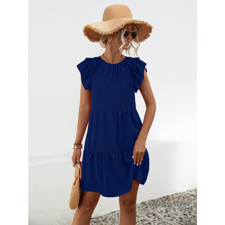 Ruffled Round Neck Cap Sleeve Mini Dress Apparel and Accessories