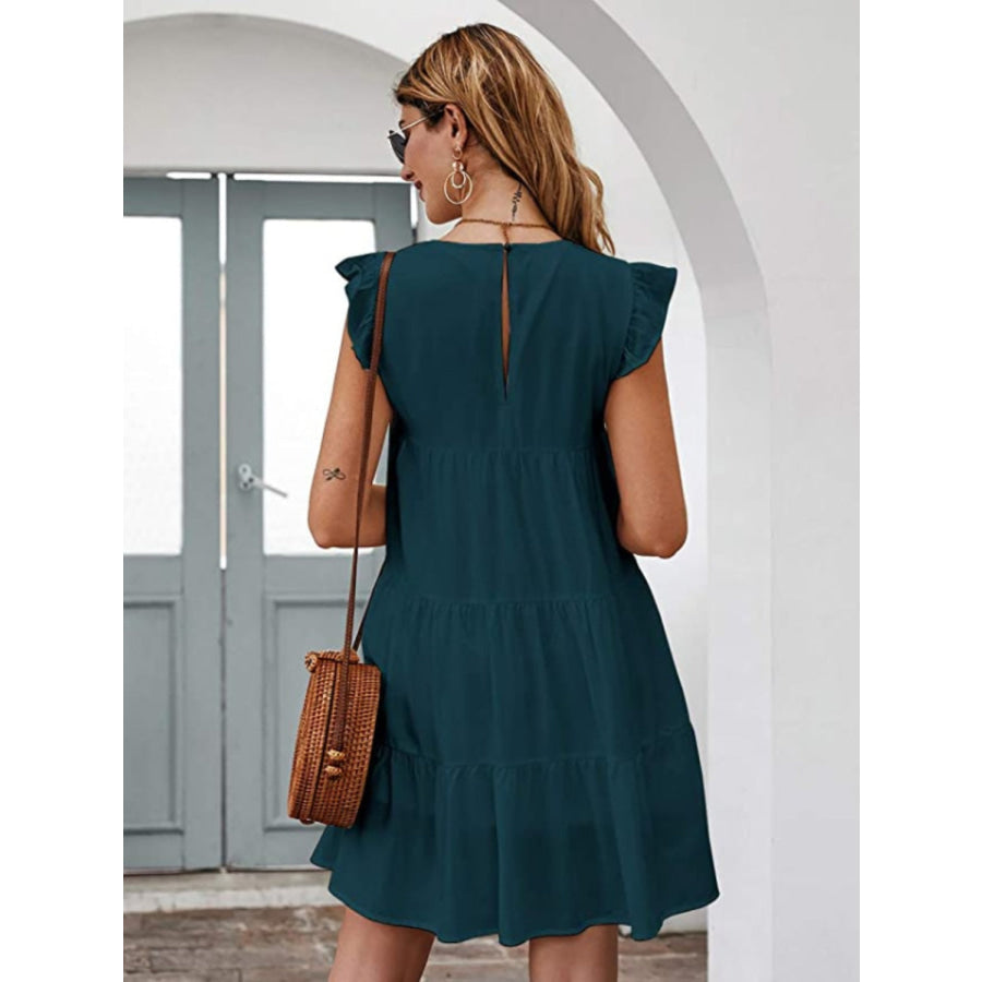 Ruffled Round Neck Cap Sleeve Mini Dress Apparel and Accessories