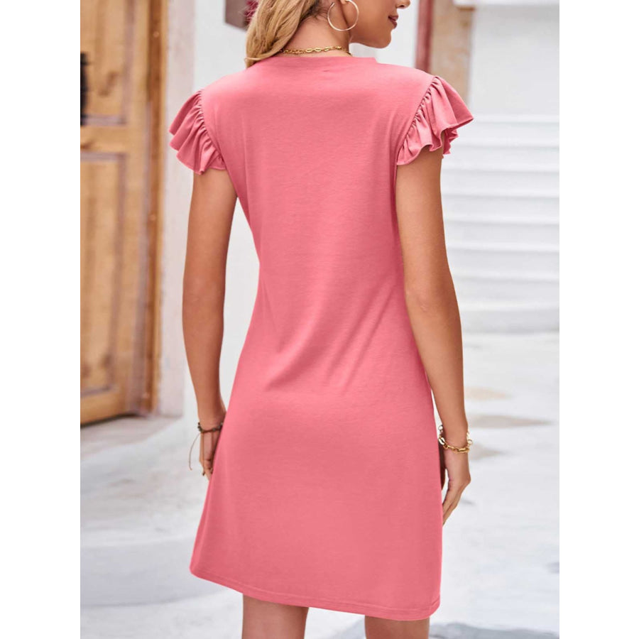 Ruffled Round Neck Cap Sleeve Mini Dress Apparel and Accessories