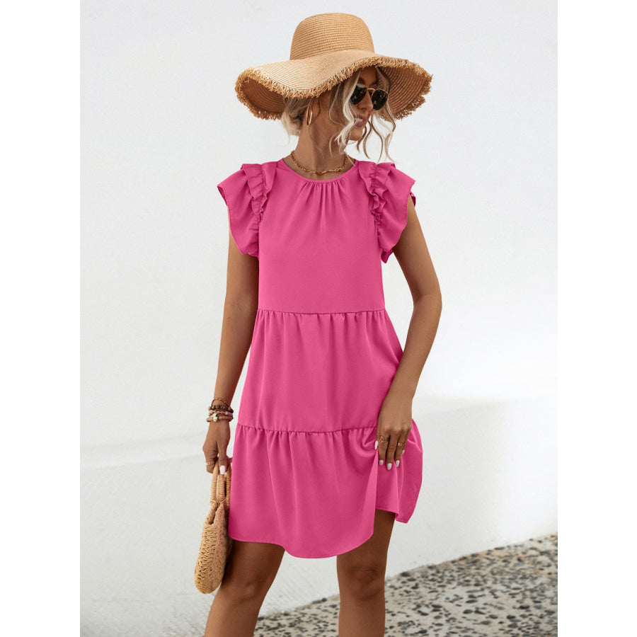 Ruffled Round Neck Cap Sleeve Mini Dress Apparel and Accessories