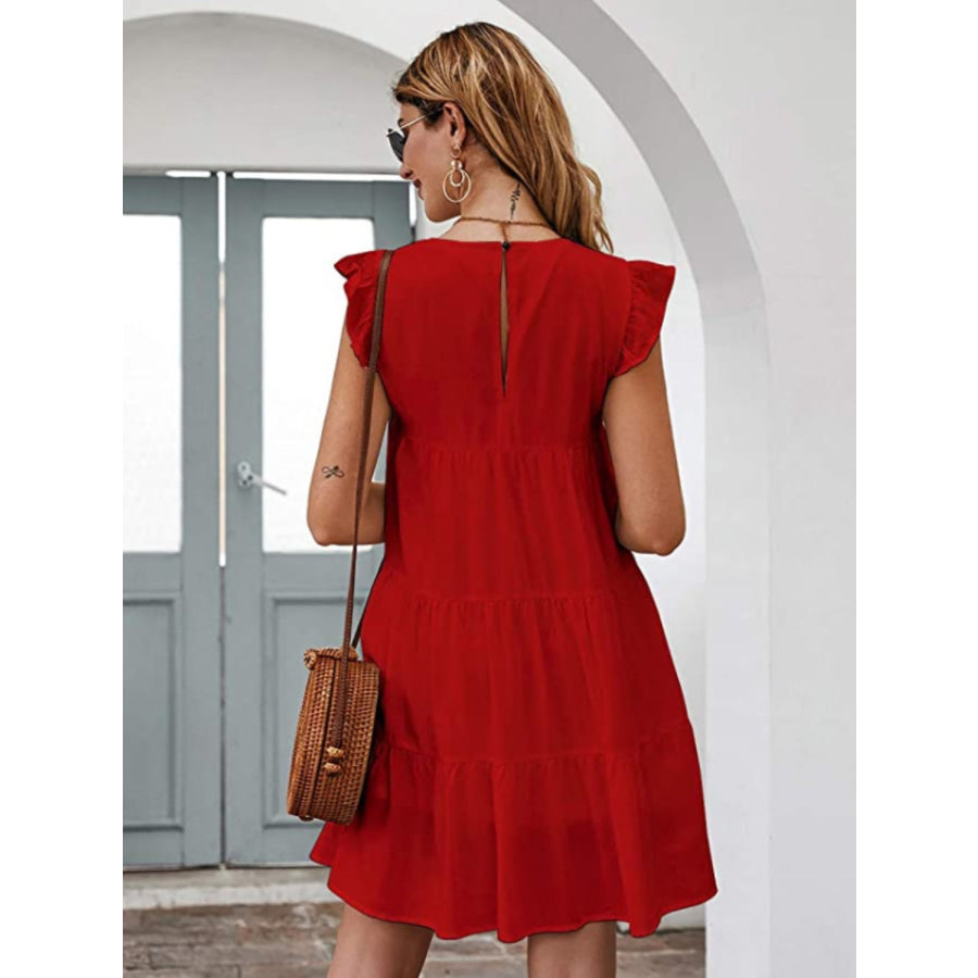 Ruffled Round Neck Cap Sleeve Mini Dress Apparel and Accessories