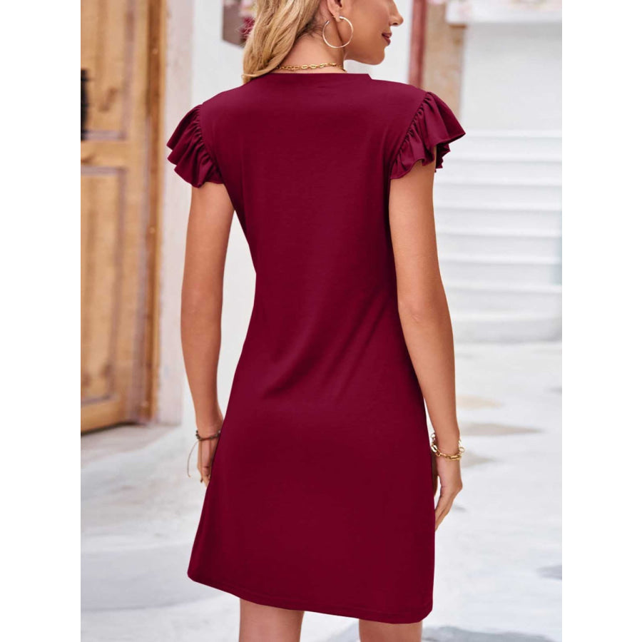 Ruffled Round Neck Cap Sleeve Mini Dress Apparel and Accessories