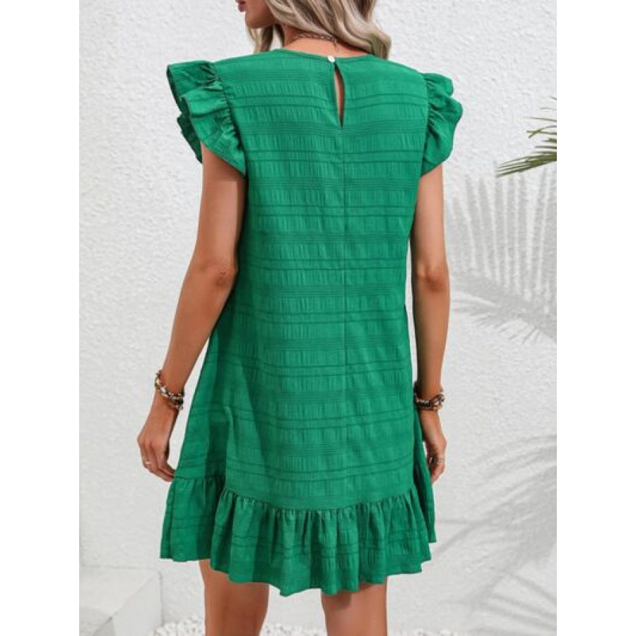 Ruffled Round Neck Cap Sleeve Mini Dress Apparel and Accessories