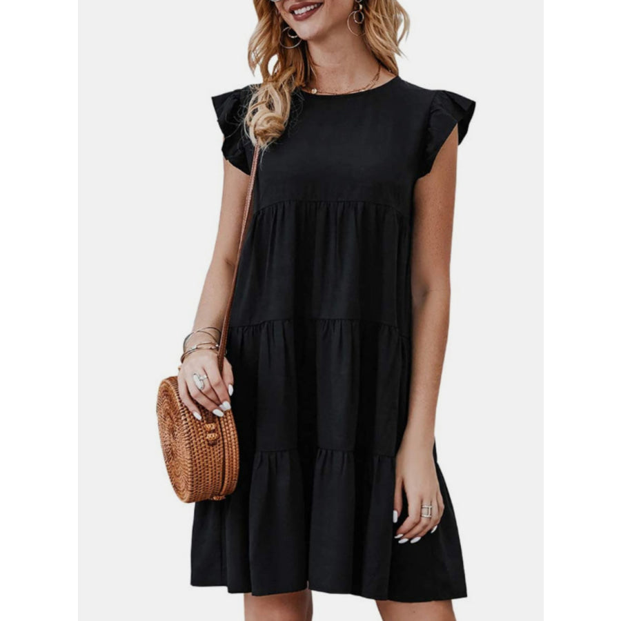 Ruffled Round Neck Cap Sleeve Mini Dress Black / S Apparel and Accessories