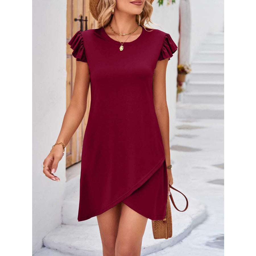 Ruffled Round Neck Cap Sleeve Mini Dress Burgundy / S Apparel and Accessories