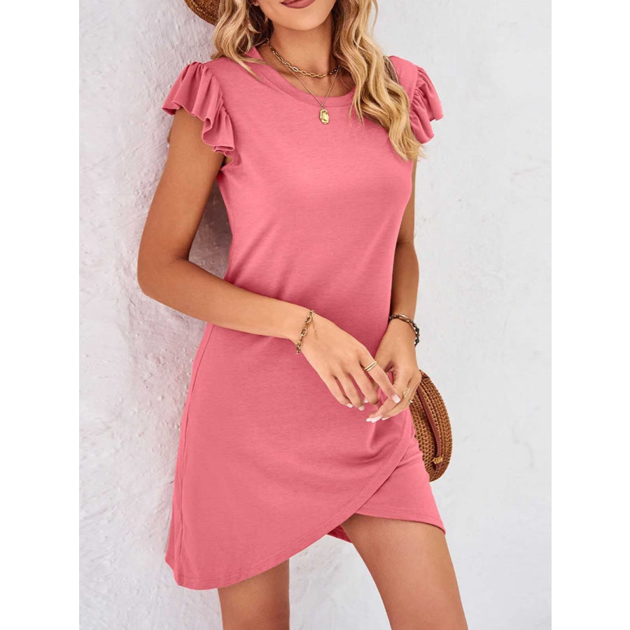 Ruffled Round Neck Cap Sleeve Mini Dress Burnt Coral / S Apparel and Accessories