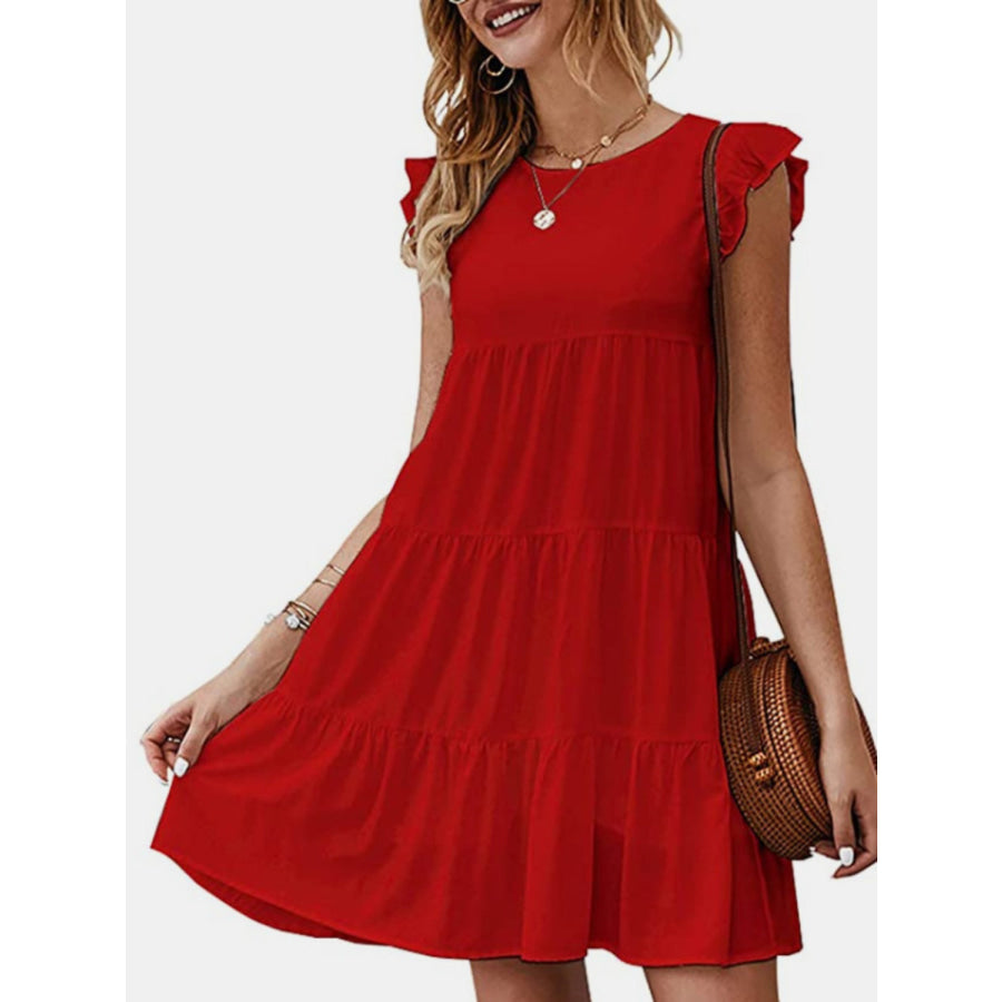 Ruffled Round Neck Cap Sleeve Mini Dress Deep Red / S Apparel and Accessories