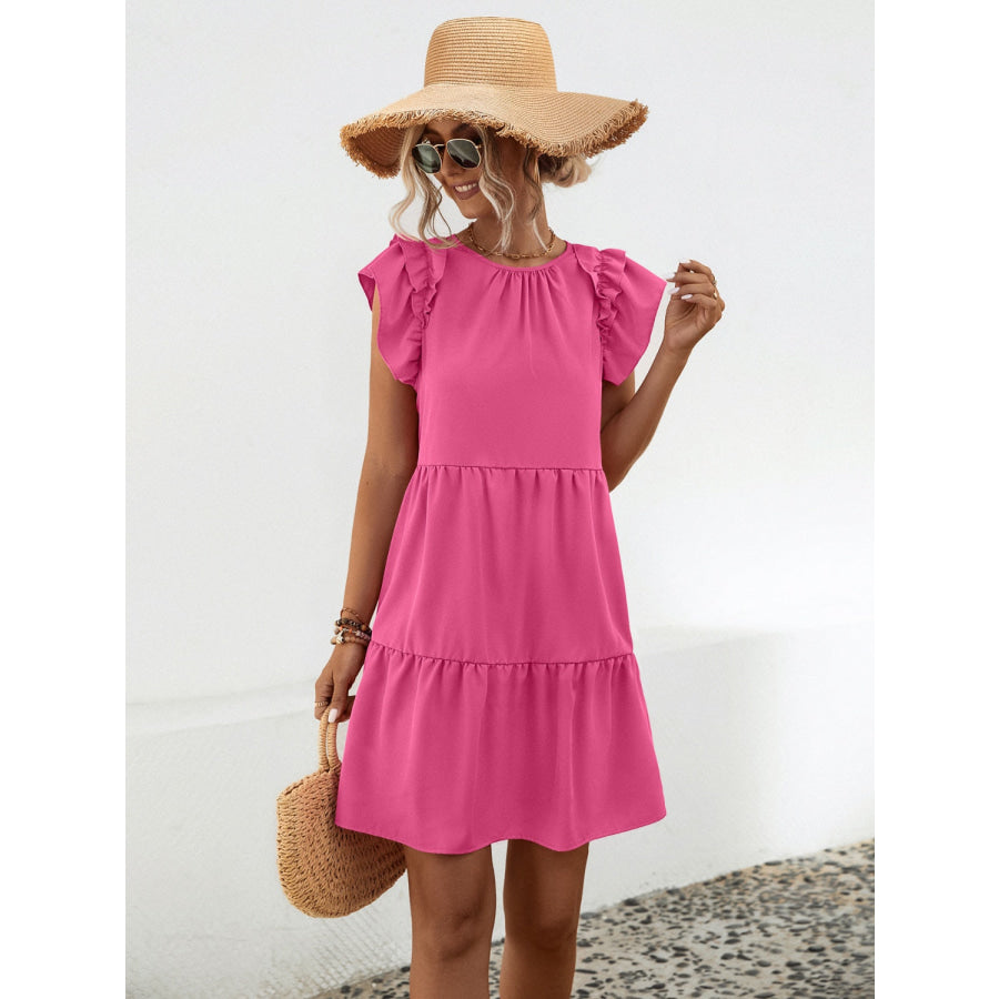 Ruffled Round Neck Cap Sleeve Mini Dress Deep Rose / S Apparel and Accessories