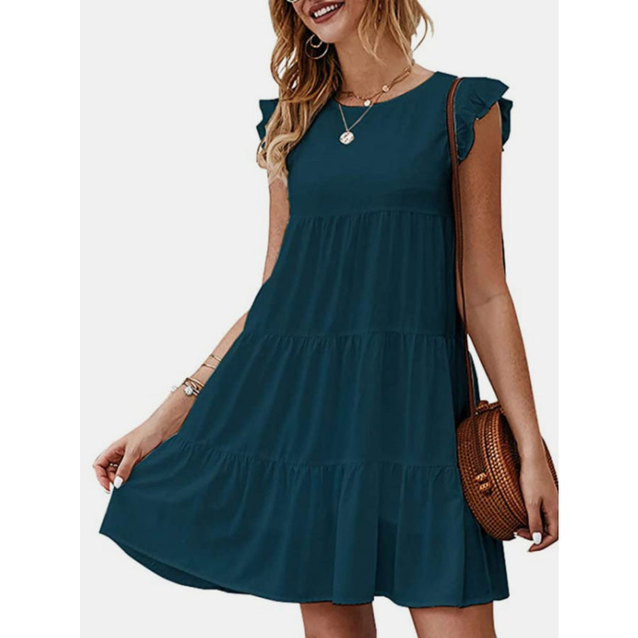 Ruffled Round Neck Cap Sleeve Mini Dress French Blue / S Apparel and Accessories