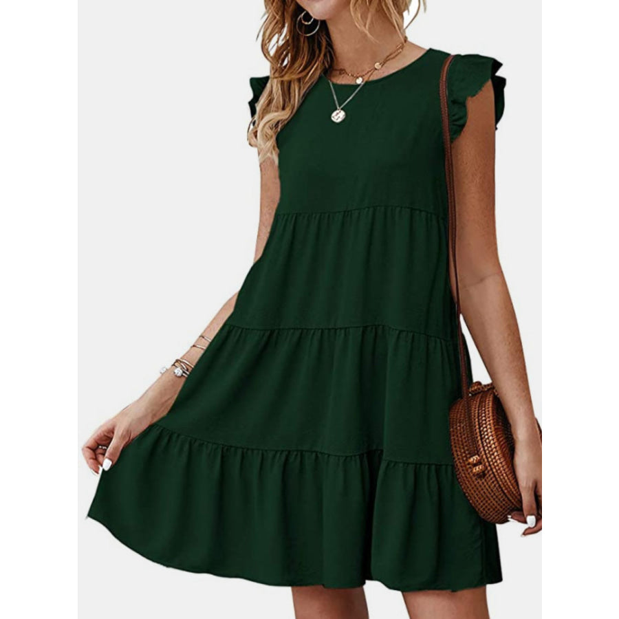 Ruffled Round Neck Cap Sleeve Mini Dress Green / S Apparel and Accessories