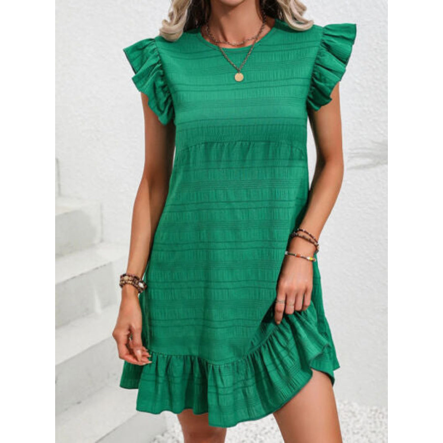 Ruffled Round Neck Cap Sleeve Mini Dress Green / S Apparel and Accessories