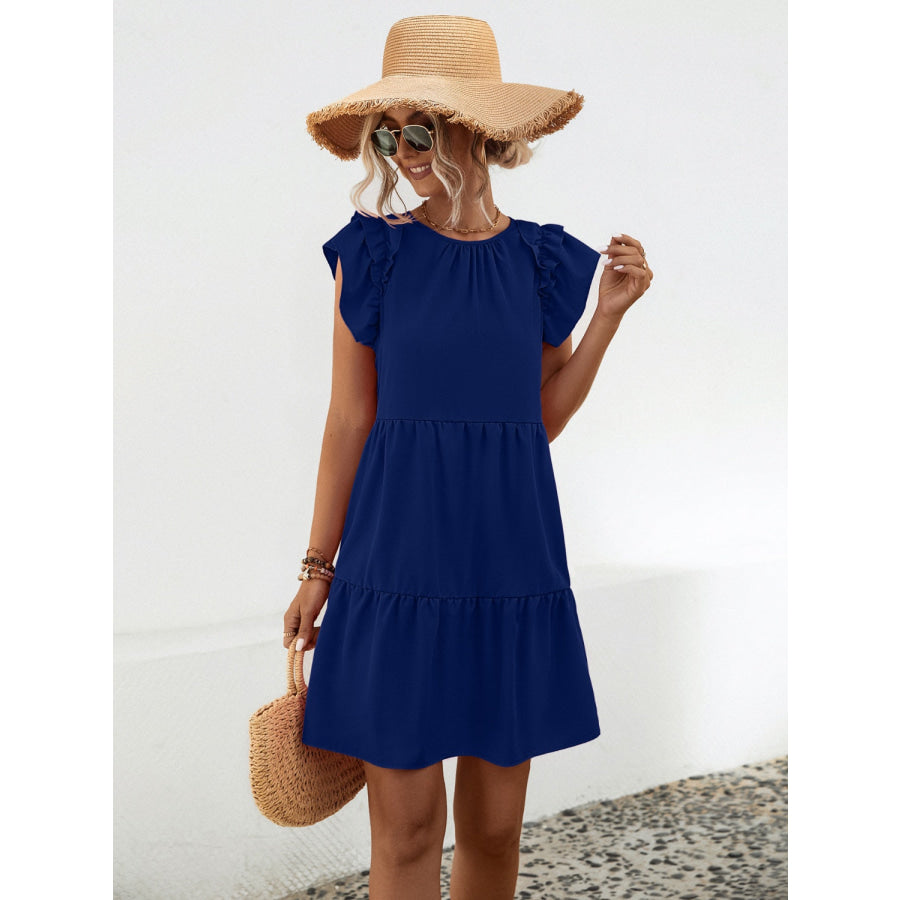 Ruffled Round Neck Cap Sleeve Mini Dress Navy / S Apparel and Accessories