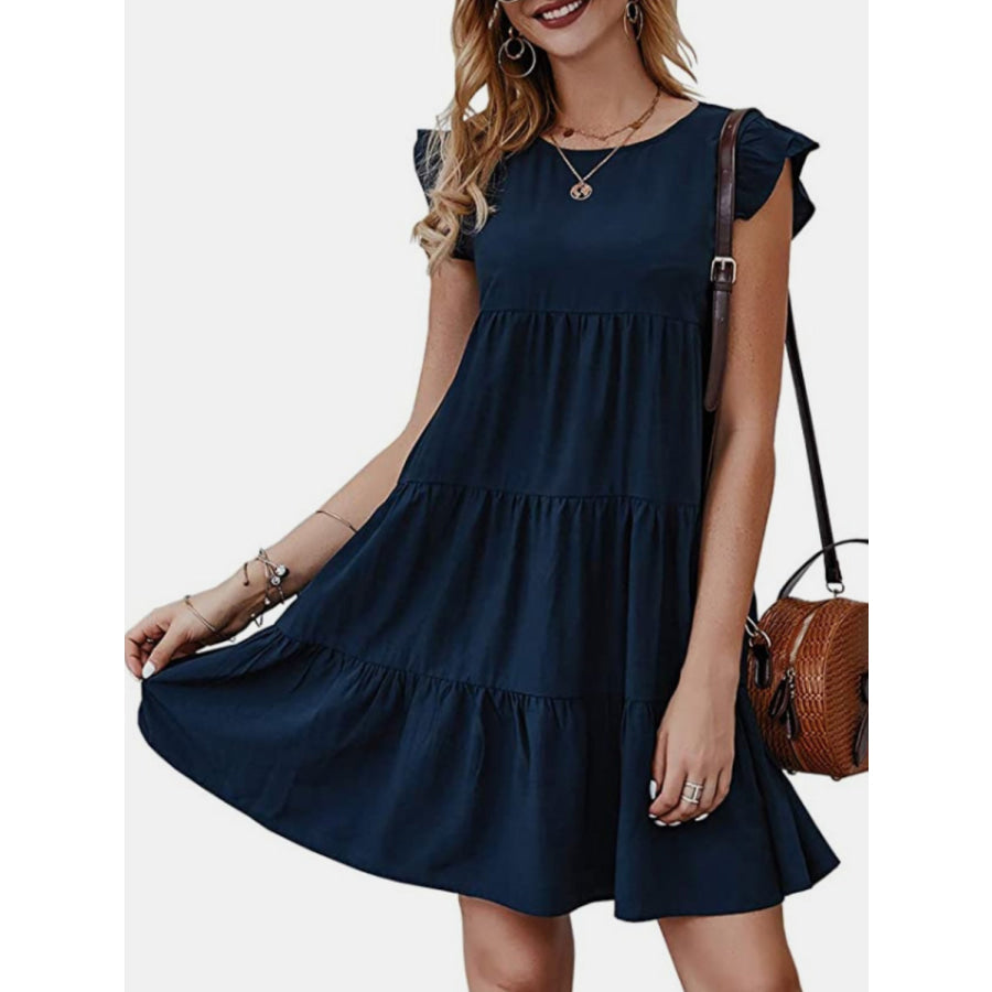 Ruffled Round Neck Cap Sleeve Mini Dress Navy / S Apparel and Accessories