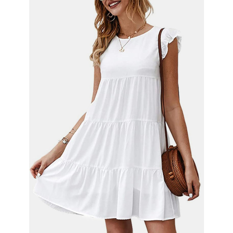 Ruffled Round Neck Cap Sleeve Mini Dress White / S Apparel and Accessories