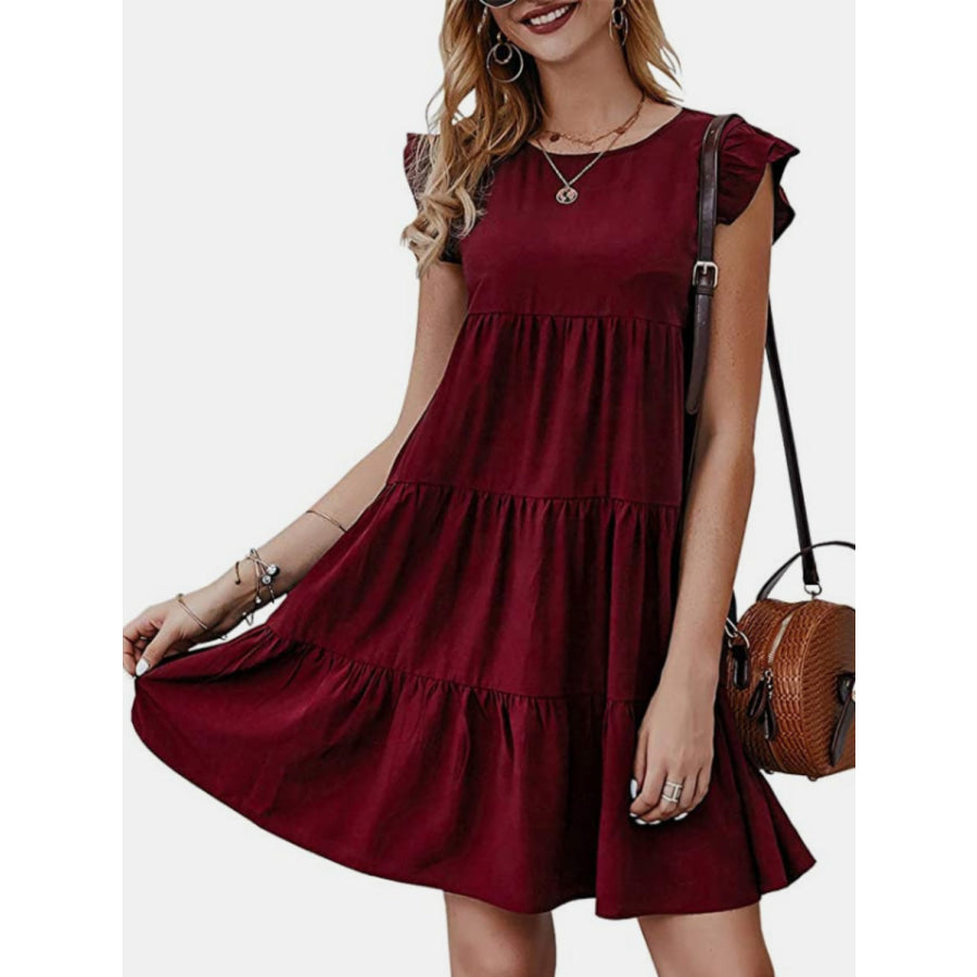 Ruffled Round Neck Cap Sleeve Mini Dress Wine / S Apparel and Accessories