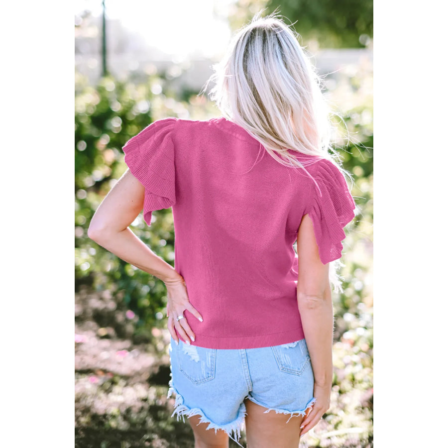 Ruffled Round Neck Cap Sleeve Sweater Cerise / S Apparel and Accessories