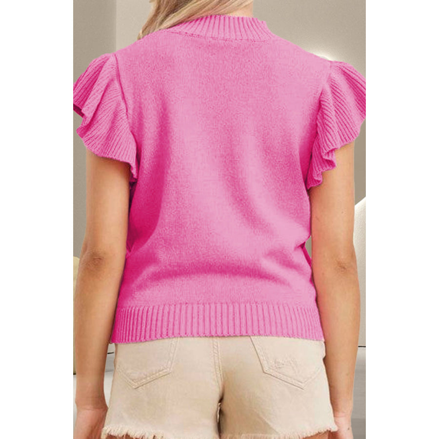 Ruffled Round Neck Cap Sleeve Sweater Apparel and Accessories