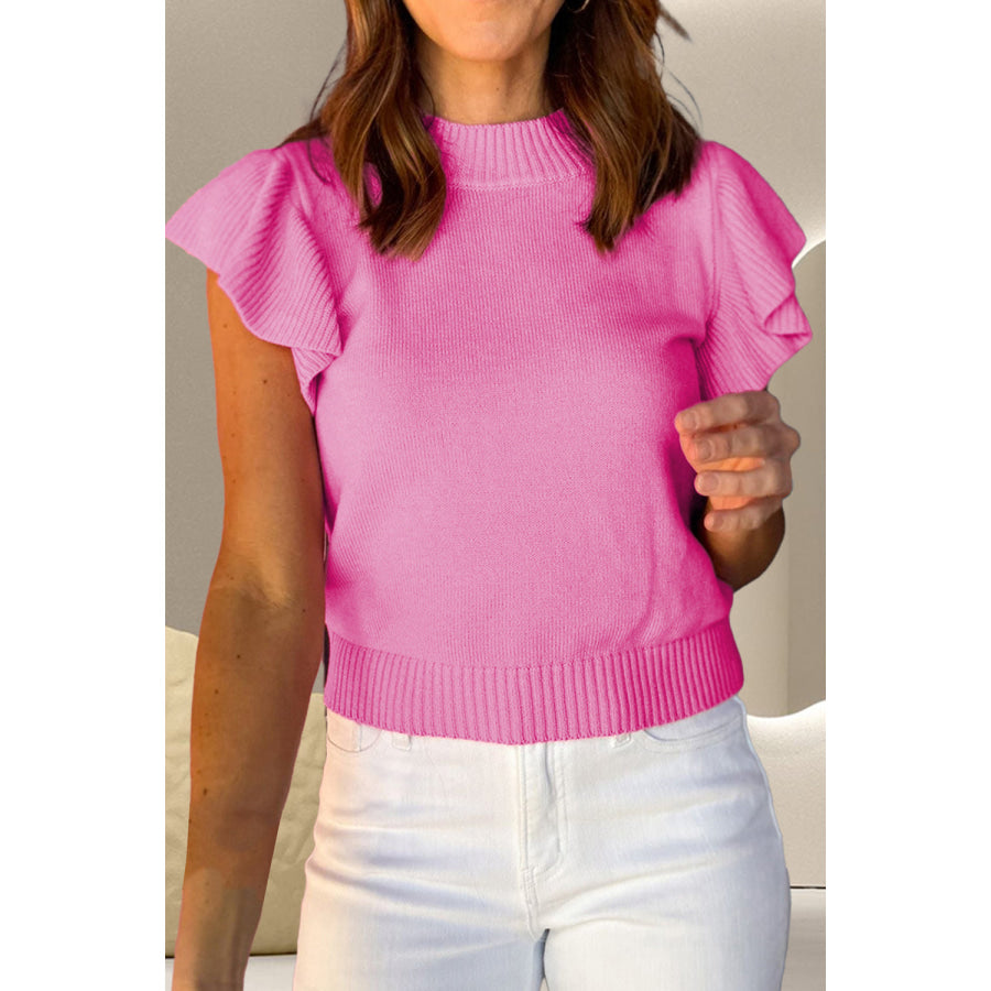 Ruffled Round Neck Cap Sleeve Sweater Fuchsia Pink / S Apparel and Accessories