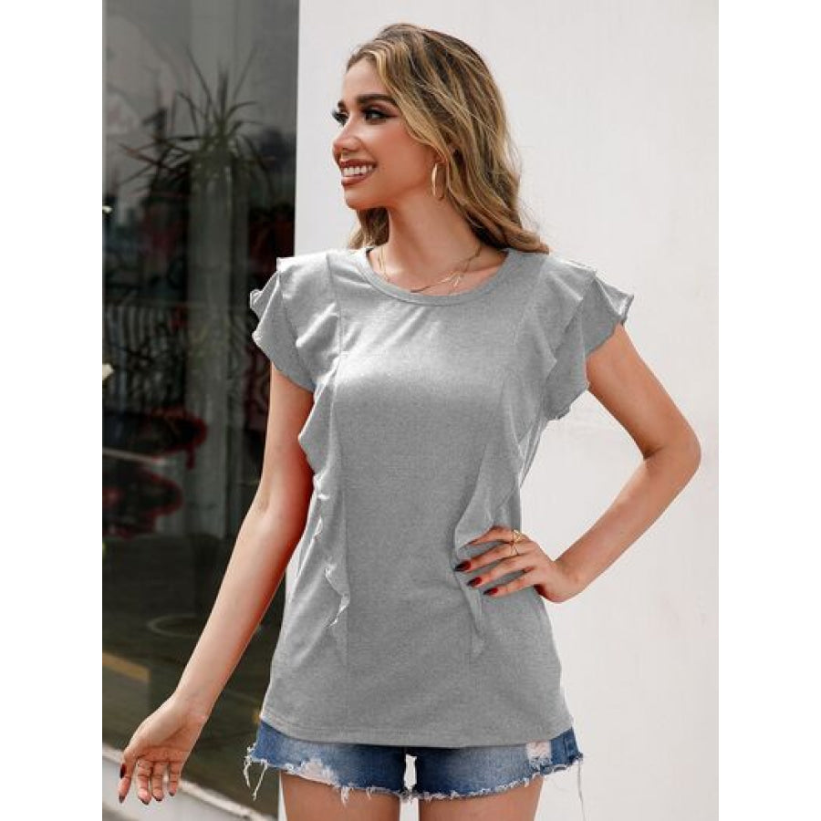 Ruffled Round Neck Cap Sleeve T - Shirt Apparel and Accessories